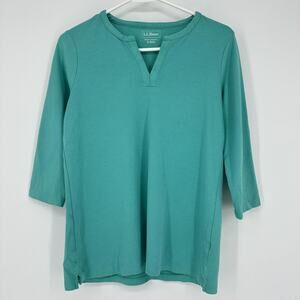 LL Bean Shirt Women Small Green 3/4 Sleeve Split Neck Pullover Casual Top Preppy